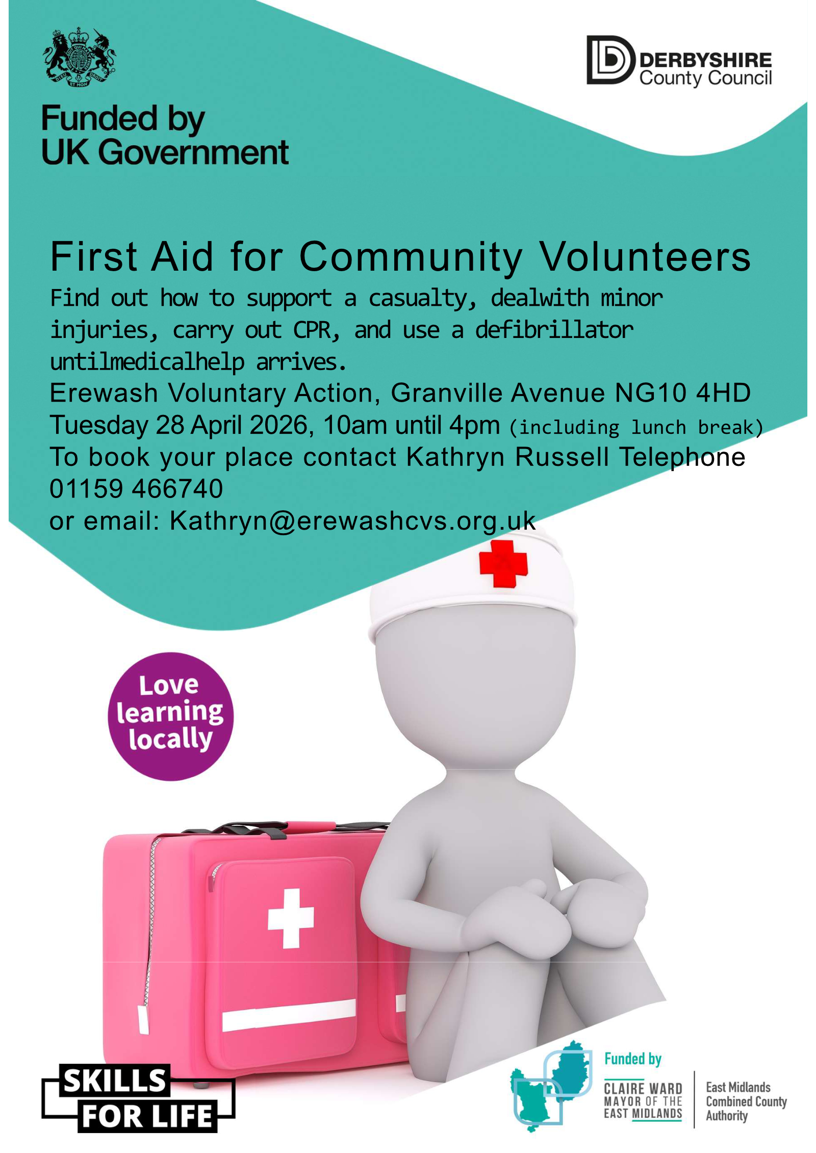 Poster advertising First Aid training for Community Volunteers
