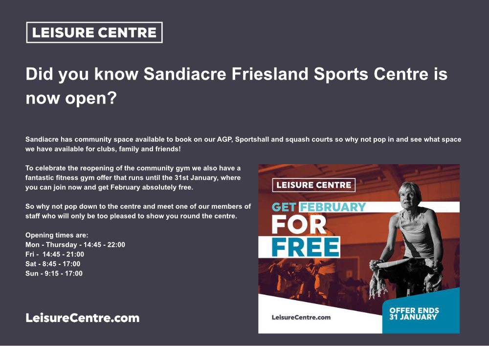 Sandiacre Friesland Sports Centre notice of re-opening