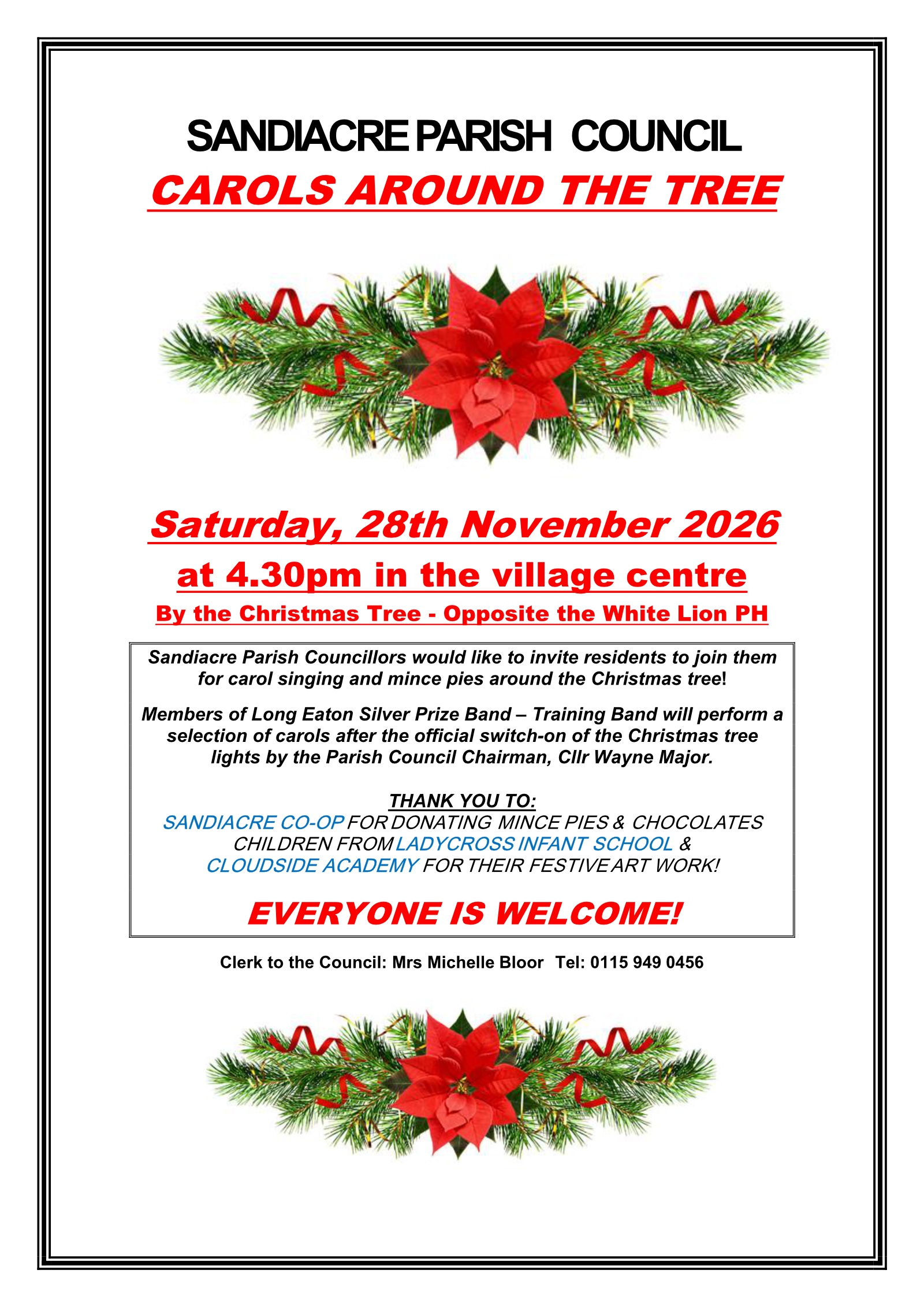 poster advertising Carols Around The Tree, Sandiacre 2026