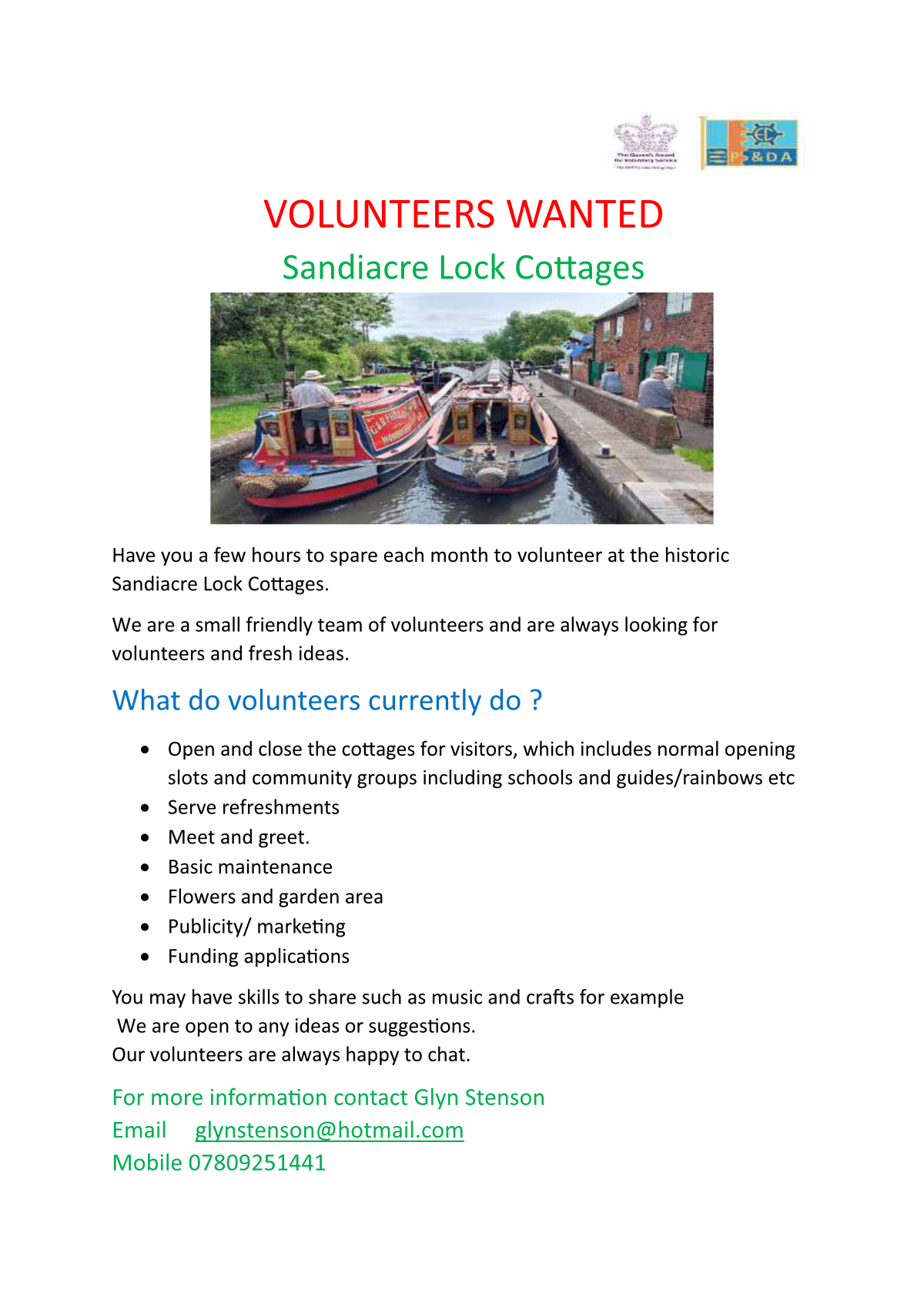 Sandiacre Lock Cottages Volunteers Wanted Poster