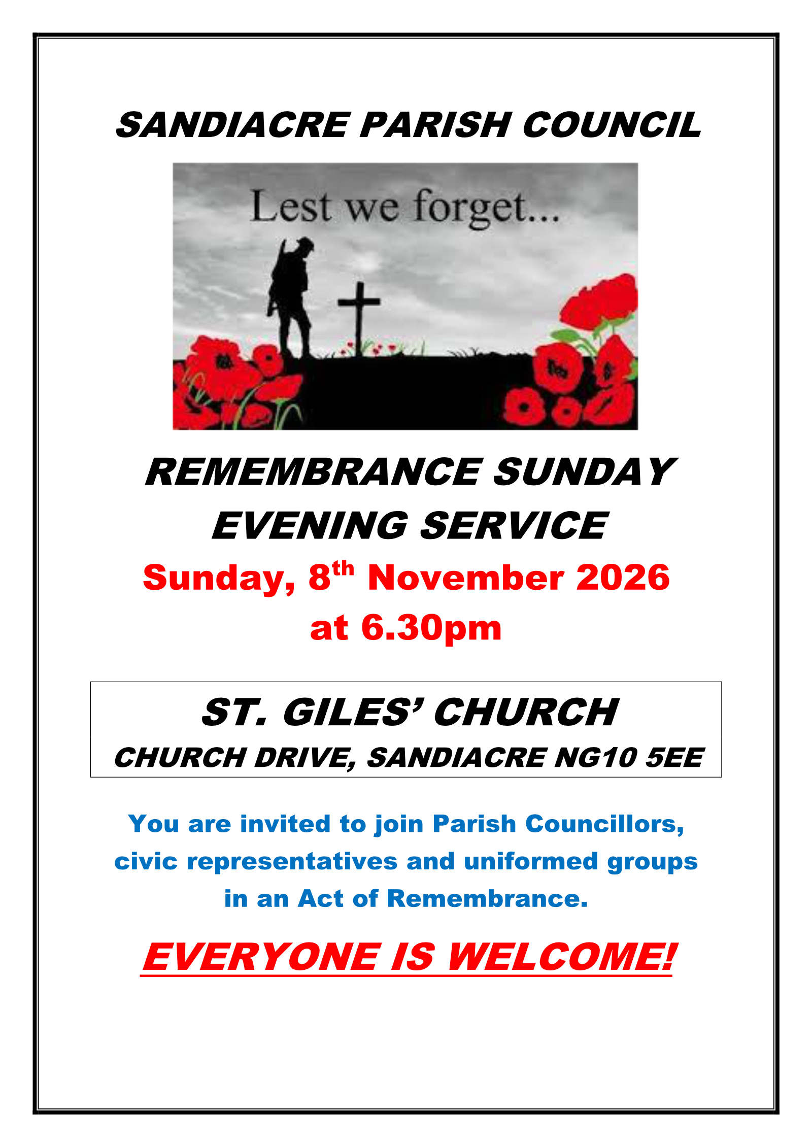 poster advertising Remembrance Sunday Service at St Giles' Church, Sandiacre 2026