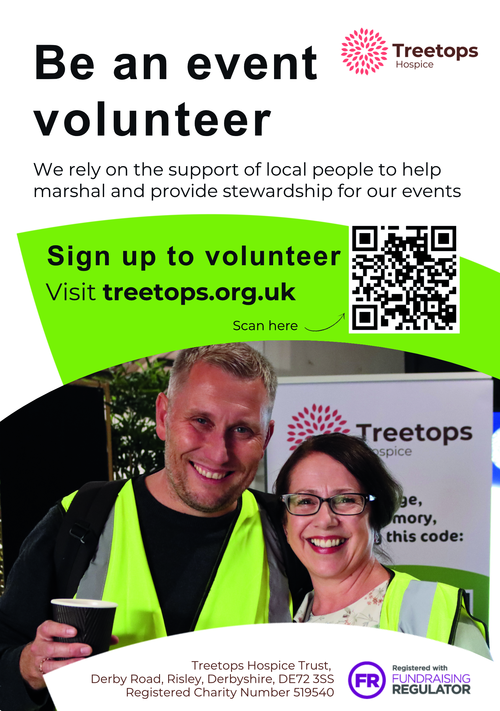 Poster requesting event volunteers for Treetops Hospice