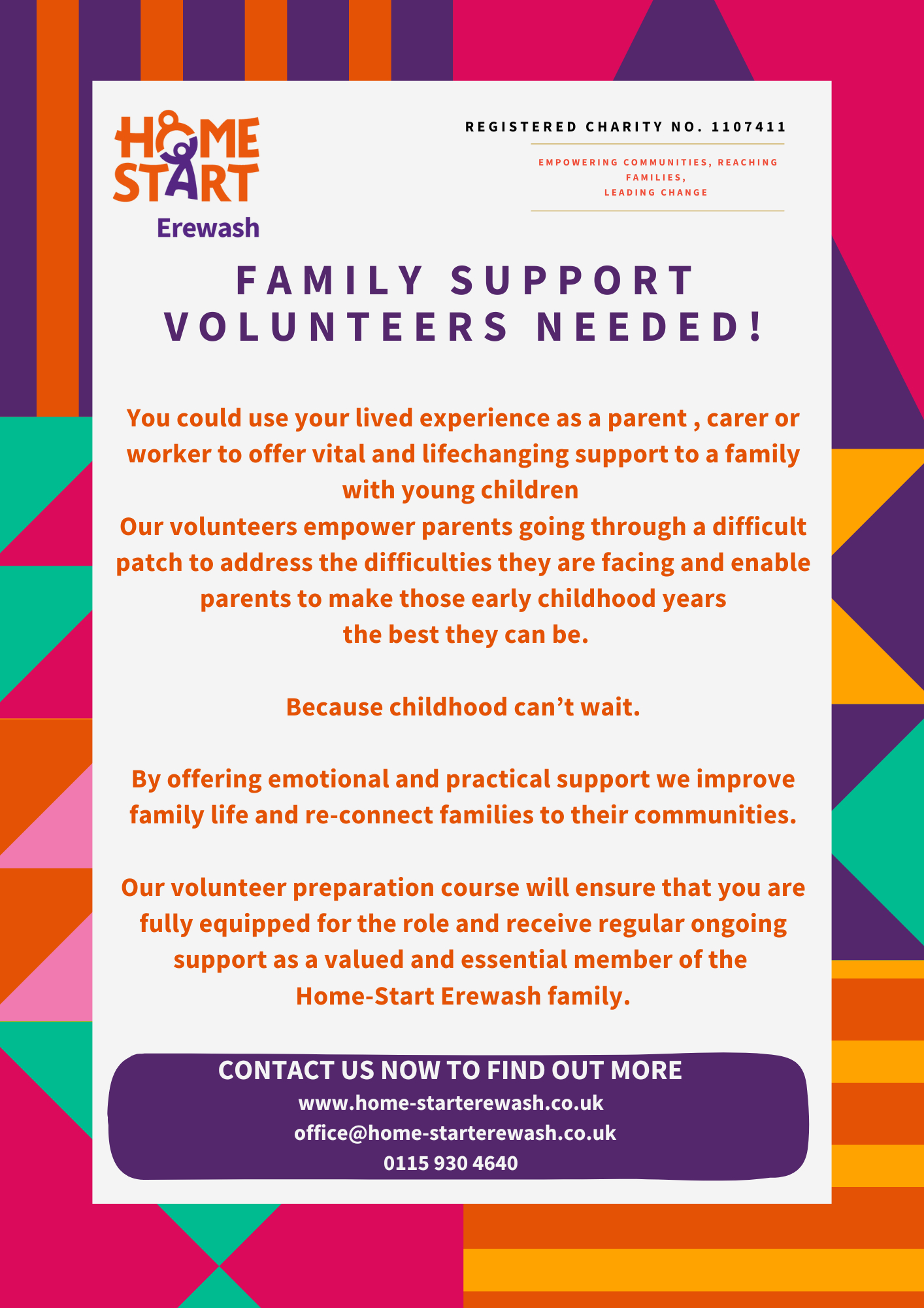 Poster advertising Home Start Erewash Family Support Volunteers needed
